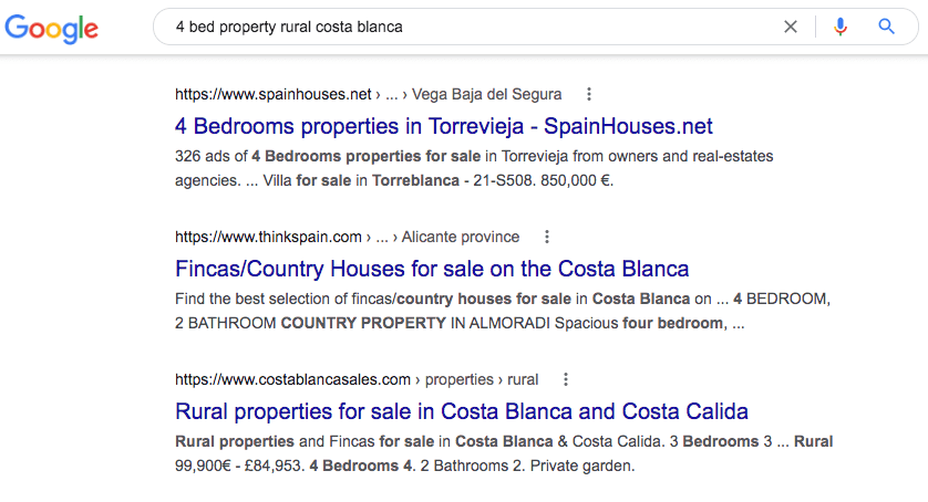 Showing a google search for rural properties
